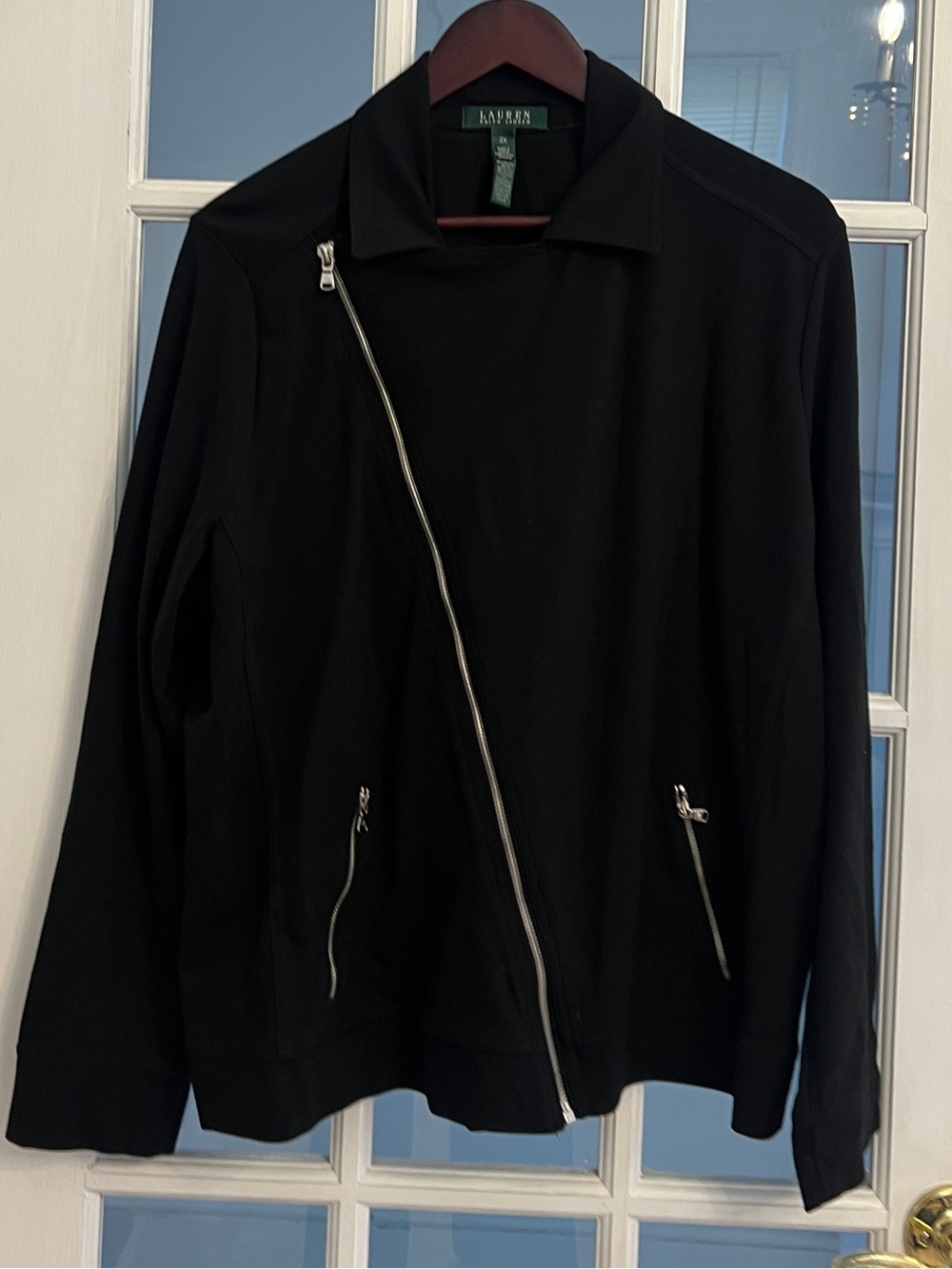 LAUREN RALPH LAUREN Women’s Black Asymmetrical Zip Moto Ponte Jacket Plus 2X